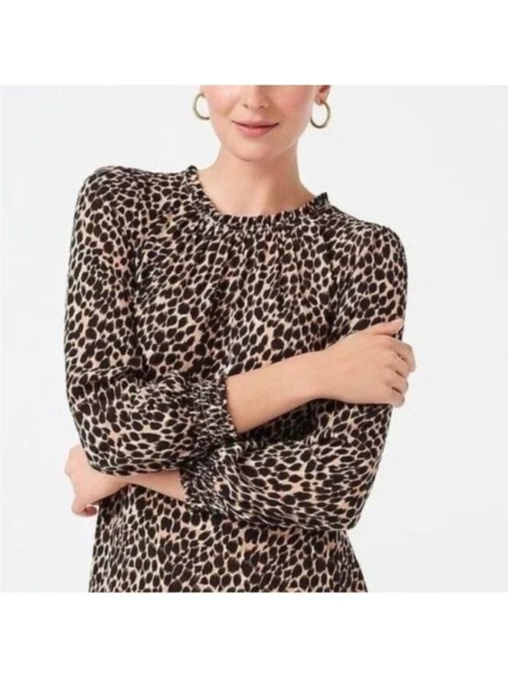 J. Crew Leopard print Ruffle Neck Long Sleeve Peasant Midi Dress Medium